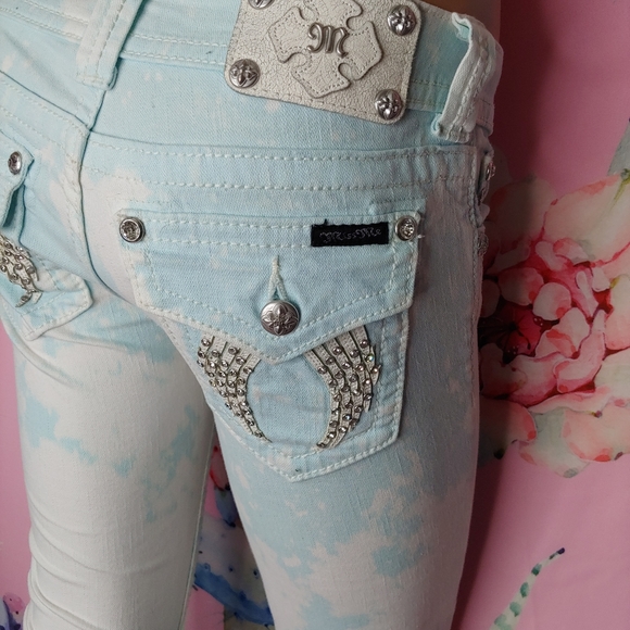 Miss Me ☆ Custom Baby Blue White Tie Dye Bling Wings Rhinestone Skinny Jeans 26 - Picture 7 of 15